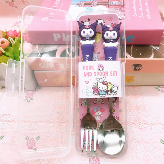 Sanrio Fork & Spoon Set with Case – Cute Hello Kitty, Kuromi, My Melody, Cinnamoroll & Stitch Stainless Steel Kids Cutlery Set | Portable Lunch Box Utensils
