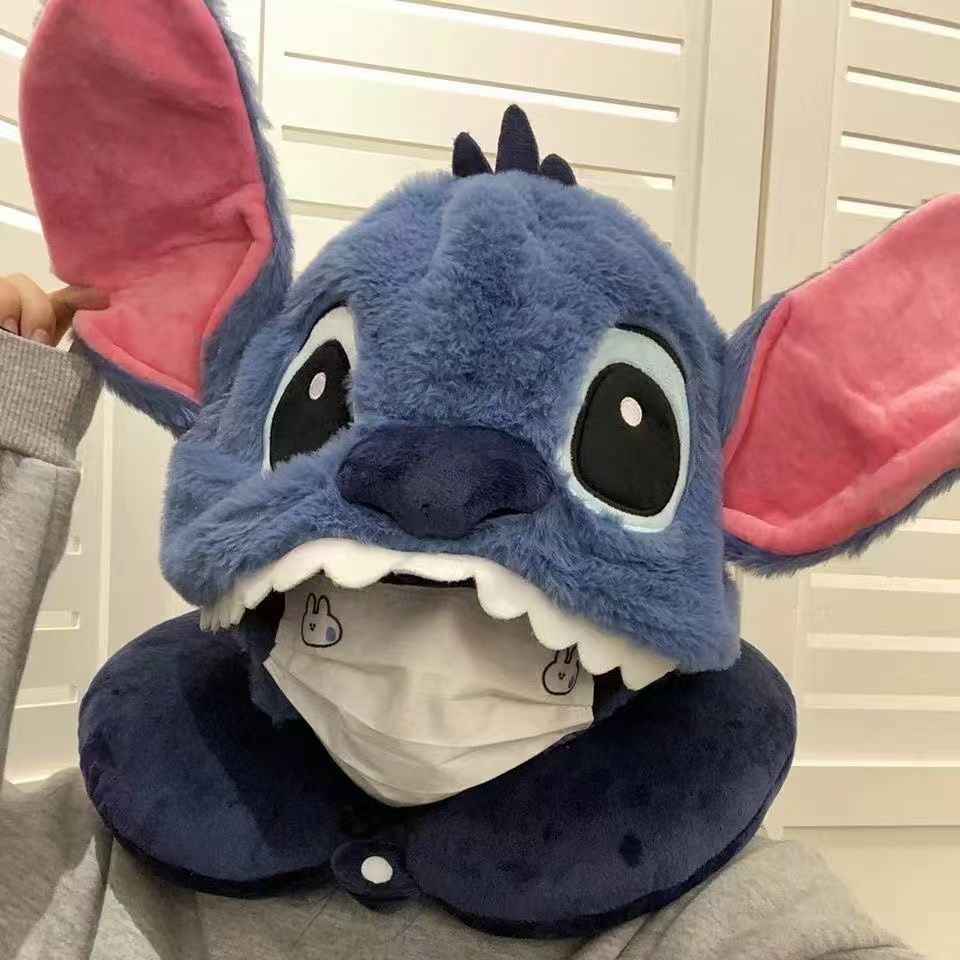 Stitch Plush Travel Neck Pillow with Hoodie Cap – Cute Cartoon U-Shaped Soft Neck Cushion for Car, Flight & Home Use