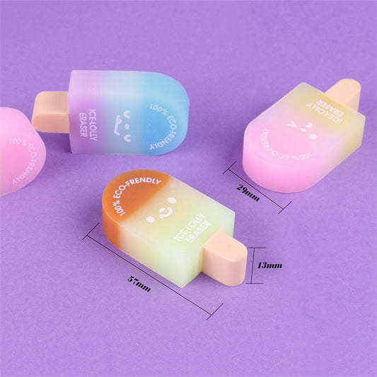 Kawaii Ice Lolly Popsicle Eraser Set (Pack of 3) – Cute Gradient Eco-Friendly Pencil Erasers for Kids & Students