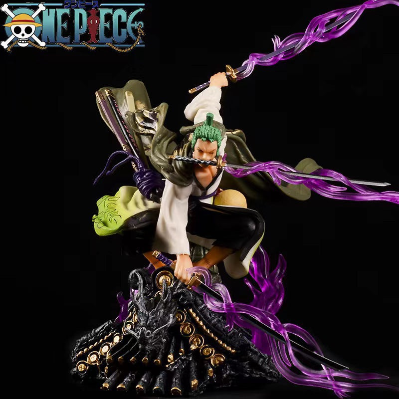 Roronoa Zoro Three Sword Style Anime Action Figure with Purple Aura Effect – 22 CM One Piece Collectible Statue | Premium Printed Box Packing