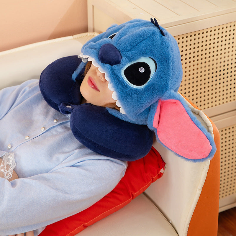 Stitch Plush Travel Neck Pillow with Hoodie Cap – Cute Cartoon U-Shaped Soft Neck Cushion for Car, Flight & Home Use