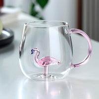 Pink Flamingo Double Wall Glass Mug with Handle | Cute Aesthetic Coffee & Tea Cup | Heat Resistant Transparent Glass Mug