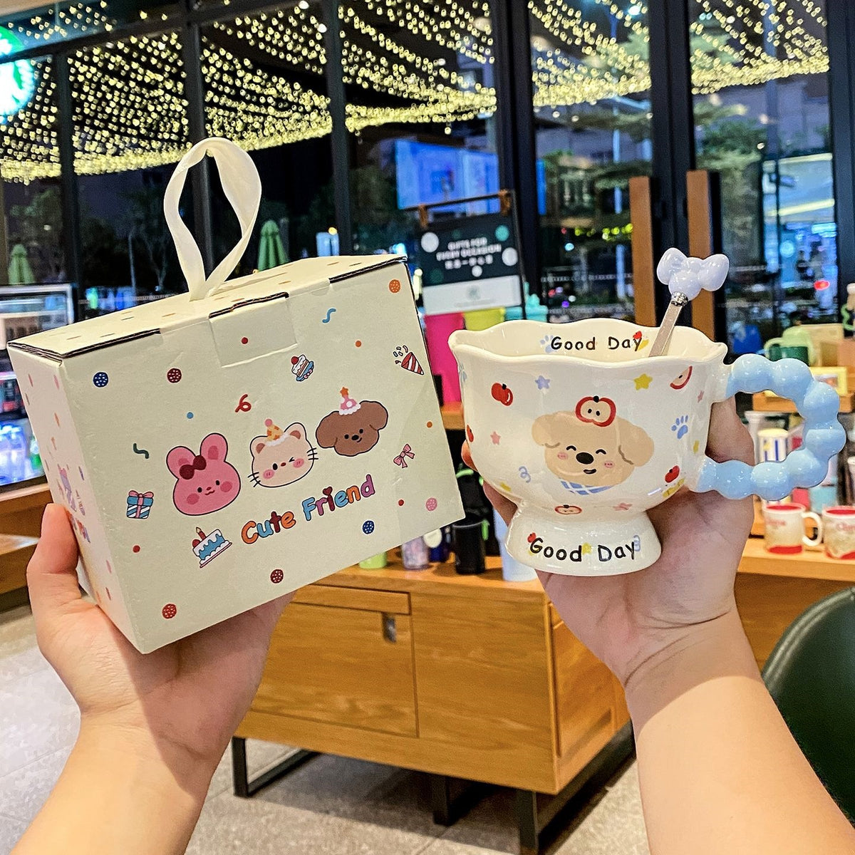 Cute Kawaii Puppy Ceramic Mug with Cloud Handle & Decorative Spoon – Good Day Aesthetic Coffee Cup