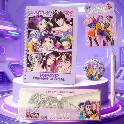 K-Pop Demon Hunters Cute Stationery Set – Anime Notebook, Pen, Ruler Kit & Badge