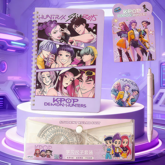 K-Pop Demon Hunters Cute Stationery Set – Anime Notebook, Pen, Ruler Kit & Badge