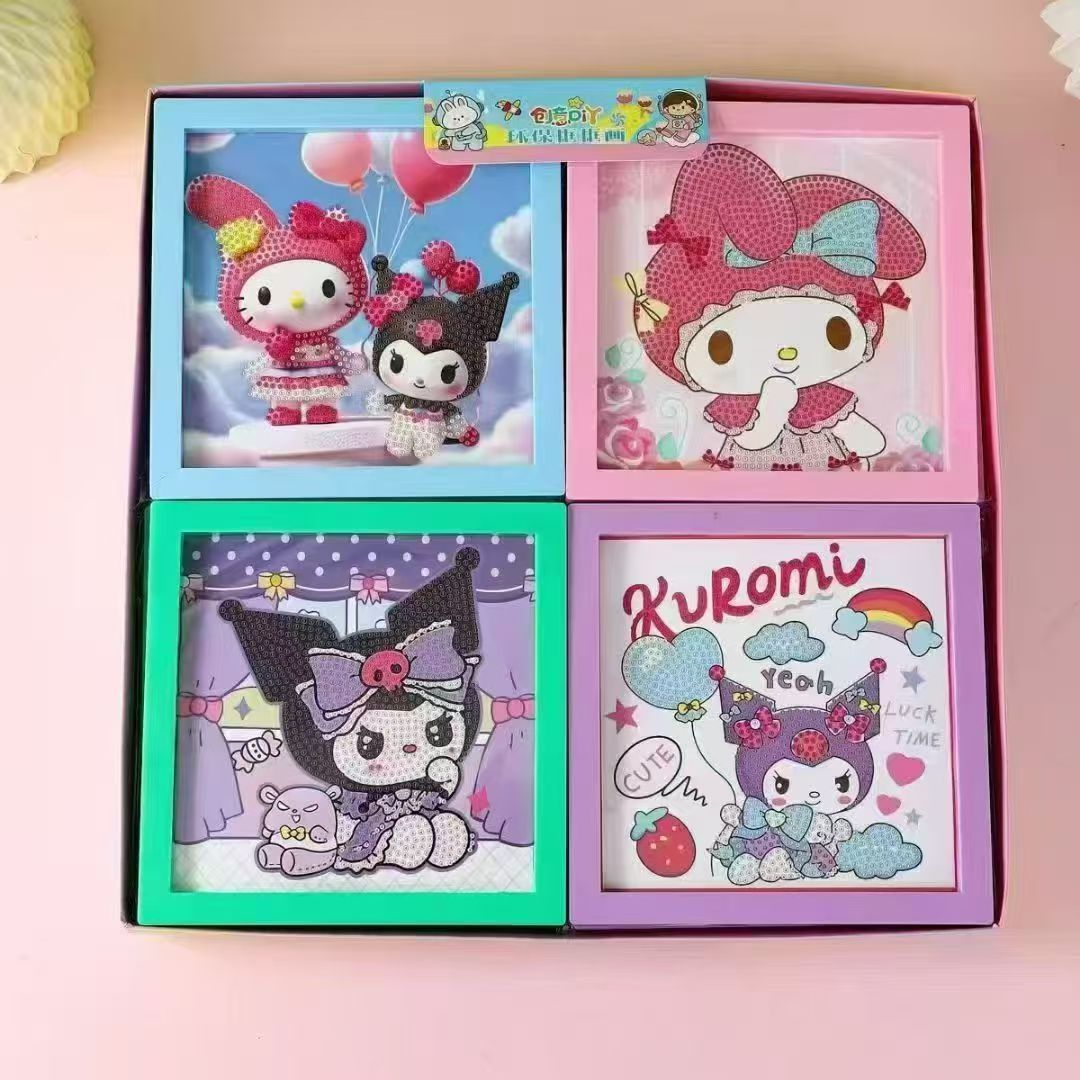 Cute Kawaii Diamond Art Frame Set of 4 – My Melody & Kuromi Sparkle Wall Décor | DIY Crystal Painting Home Decoration