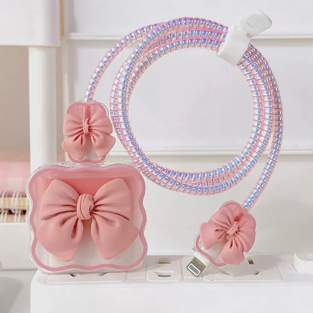 Kawaii Pink Bow Fast Charging USB Cable Protector Set – Cute Glitter Spiral iPhone Charger Cable with Bow Cable Organizer & Adapter Cover