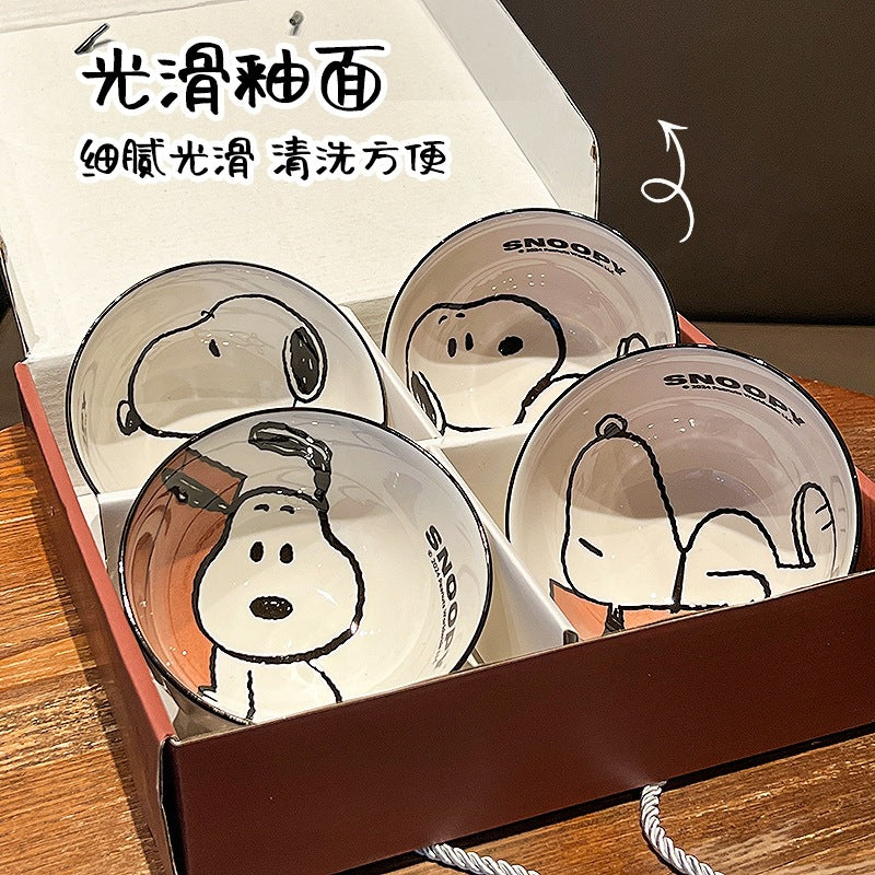 Snoopy Ceramic Bowl Set of 4 | Cute Cartoon Snoopy Printed Bowls with Gift Box | Kawaii Kitchen & Dining Bowls
