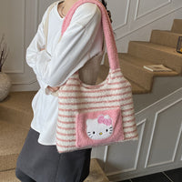 Kawaii Hello Kitty Plush Tote Bag – Soft Striped Shoulder Handbag for Girls | Cute Furry Mini Tote Purse (Pink & Brown)