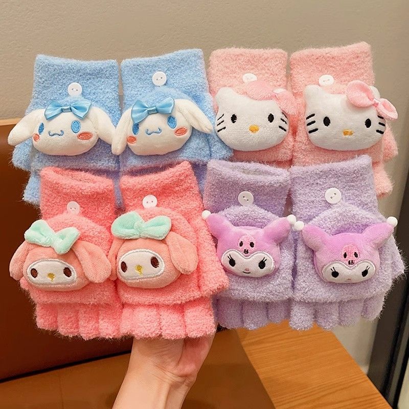 Kawaii Plush Flip-Cover Winter Gloves for Kids – Hello Kitty, Cinnamoroll, Kuromi & My Melody Designs