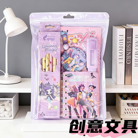 KPOP Demon Hunters Stationery Set – Cute School Supplies Kit with Notebook, Pencil Set, Eraser, Sharpener & Keychain | Aesthetic Gift Set for Kids & Teens