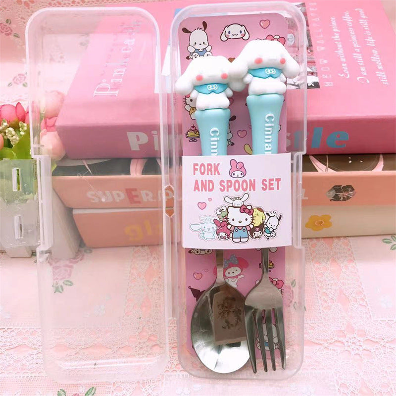Sanrio Fork & Spoon Set with Case – Cute Hello Kitty, Kuromi, My Melody, Cinnamoroll & Stitch Stainless Steel Kids Cutlery Set | Portable Lunch Box Utensils
