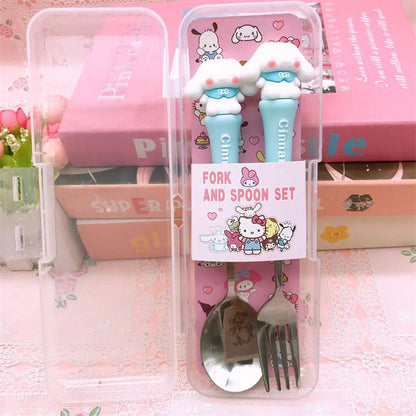Sanrio Fork & Spoon Set with Case – Cute Hello Kitty, Kuromi, My Melody, Cinnamoroll & Stitch Stainless Steel Kids Cutlery Set | Portable Lunch Box Utensils