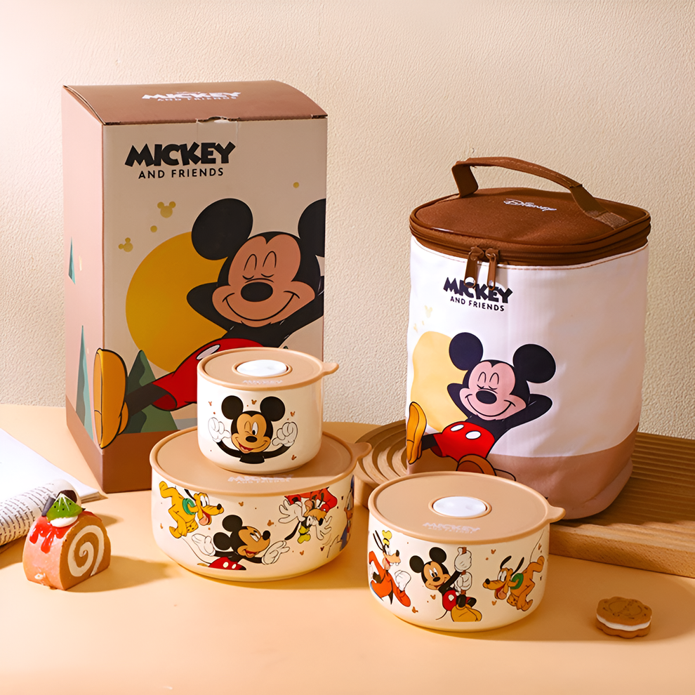 Disney Mickey Mouse Cartoon Food Storage Container Set with Lid | Microwave Safe Kitchen Storage Bowls (Set of 3)