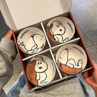 Snoopy Ceramic Bowl Set of 4 | Cute Cartoon Snoopy Printed Bowls with Gift Box | Kawaii Kitchen & Dining Bowls