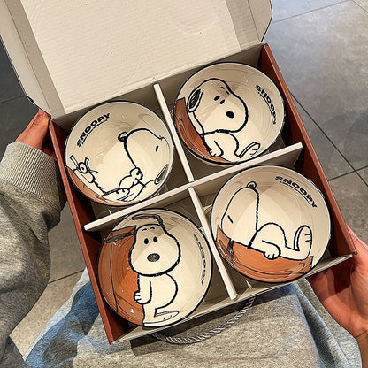 Snoopy Ceramic Bowl Set of 4 | Cute Cartoon Snoopy Printed Bowls with Gift Box | Kawaii Kitchen & Dining Bowls