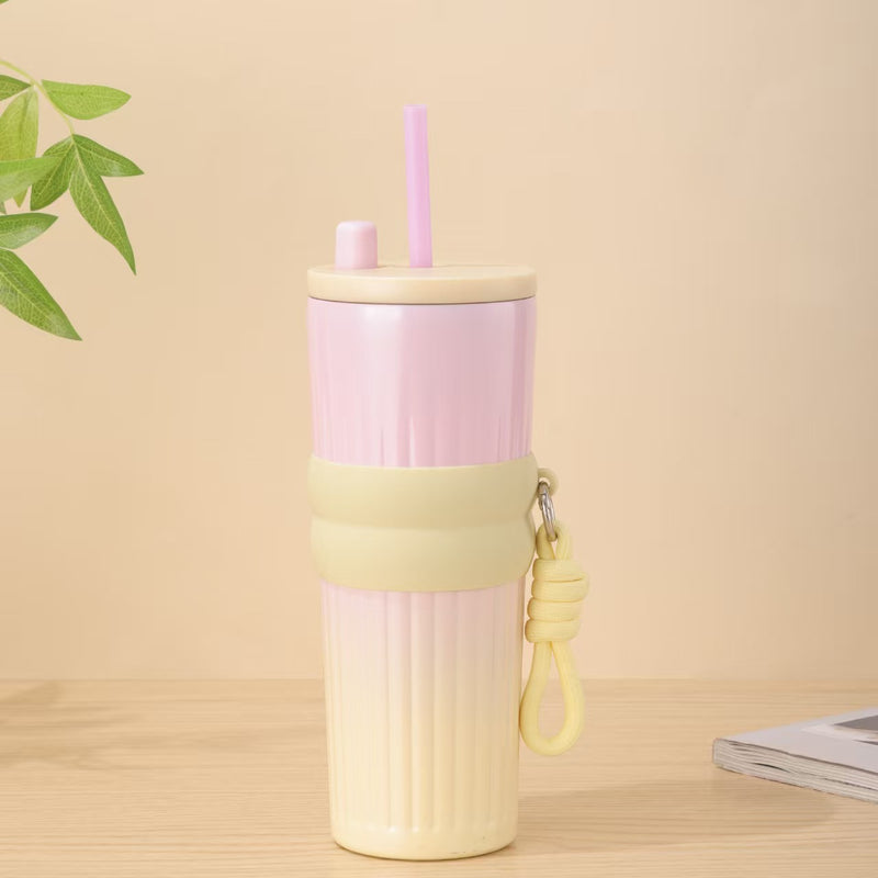 Gradient Frosted Straw Tumbler with Handle Strap – 710 ml Large Capacity Insulated Cup | Leak-Proof Travel Mug for Hot & Cold Drinks