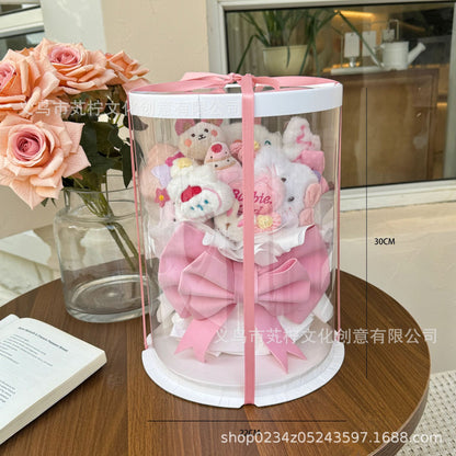 Kawaii Plush Bouquet Gift Box – Cute Stuffed Toy Flower Arrangement in Transparent Round Box | Aesthetic Soft Toy Hamper for Birthday, Anniversary, Valentine & Baby Shower