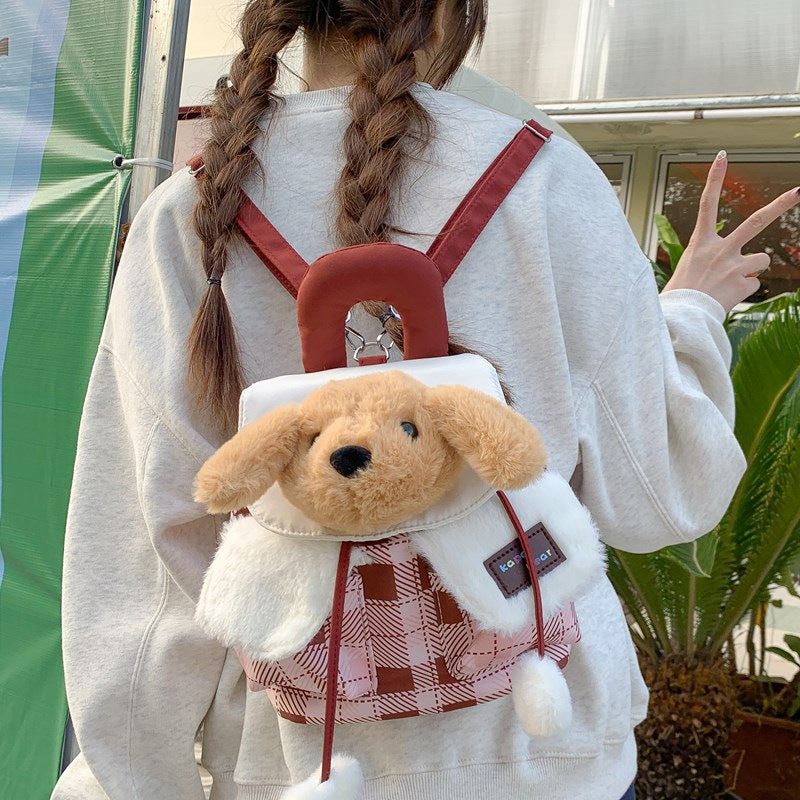 Kawaii Plush Puppy Backpack Bag – Cute Soft Dog Shoulder Bag for Girls | Aesthetic Korean Style Plush Handbag