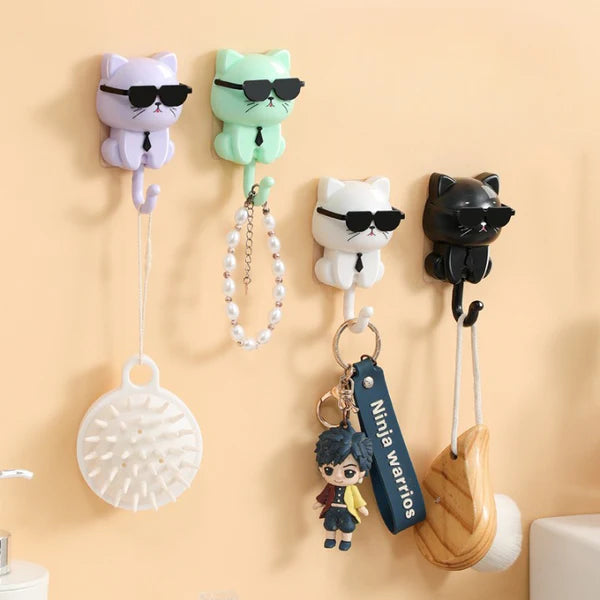 Cute Sunglasses Cat Wall Hook | Self-Adhesive Cartoon Cat Key Holder & Utility Hanging Hook for Home Decor