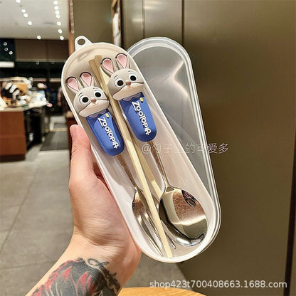 Zootopia Cartoon Character Cutlery Set with Case – Nick Wilde, Judy Hopps, Flash Sloth, Clawhauser & Bellwether Portable Spoon Fork Chopsticks Lunch Set