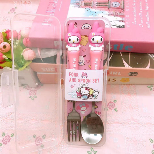 Sanrio Fork & Spoon Set with Case – Cute Hello Kitty, Kuromi, My Melody, Cinnamoroll & Stitch Stainless Steel Kids Cutlery Set | Portable Lunch Box Utensils
