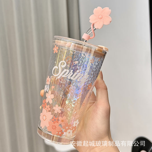 Kawaii Sakura Spring Glitter Tumbler with Straw | 3D Diamond Texture Iced Cup | Cute Cherry Blossom Water Bottle for Girls