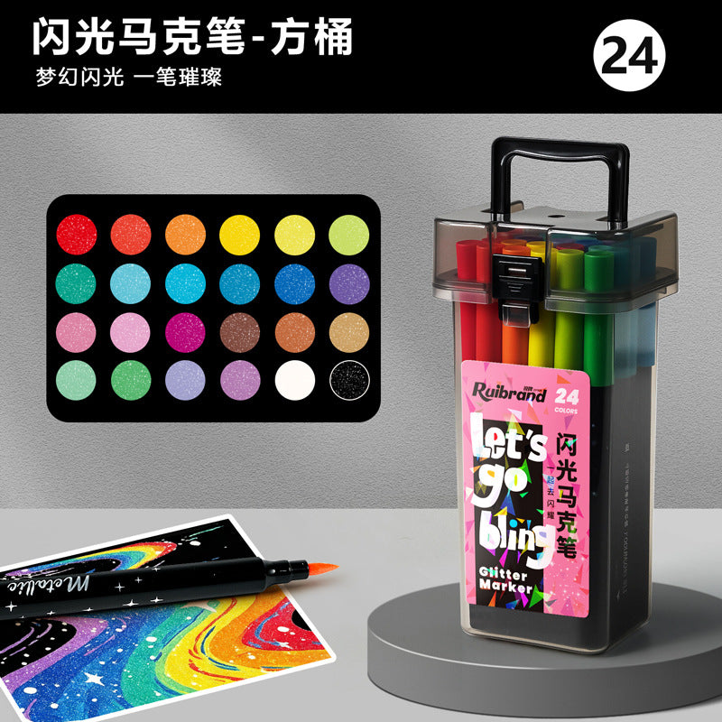 24 Colors Metallic Glitter Brush Marker Pen Set – Dual Effect Shimmer Art Markers for Calligraphy, Bullet Journaling, Card Making, Scrapbooking, Drawing & DIY Crafts