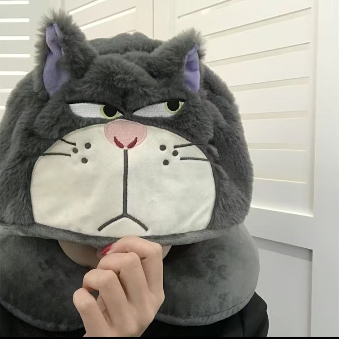 Kawaii Angry Cat U-Shaped Travel Neck Pillow with Hood – Soft Plush Cartoon Neck Support Cushion for Kids & Adults (Grey Cat Design)