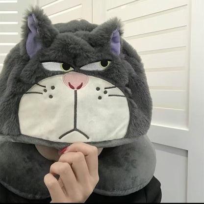 Kawaii Angry Cat U-Shaped Travel Neck Pillow with Hood – Soft Plush Cartoon Neck Support Cushion for Kids & Adults (Grey Cat Design)