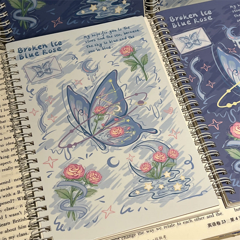 Broken Ice Blue Rose Butterfly Spiral Notebook – Aesthetic Kawaii Journal | Cute Ruled Diary for School, College & Office (Single Piece)
