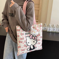 Hello Kitty Kawaii Tote Bag with Plush Charm – Cute Canvas Shoulder Bag for Girls, College, Travel & Daily Use