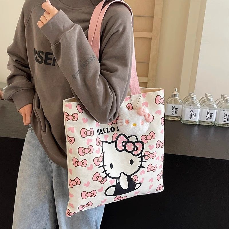 Hello Kitty Kawaii Tote Bag with Plush Charm – Cute Canvas Shoulder Bag for Girls, College, Travel & Daily Use