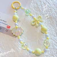 Kawaii Beaded Phone Strap Charm with Hanging Card – Cute Heart & Bow Beads Wrist Lanyard for Mobile, Keychain, AirPods