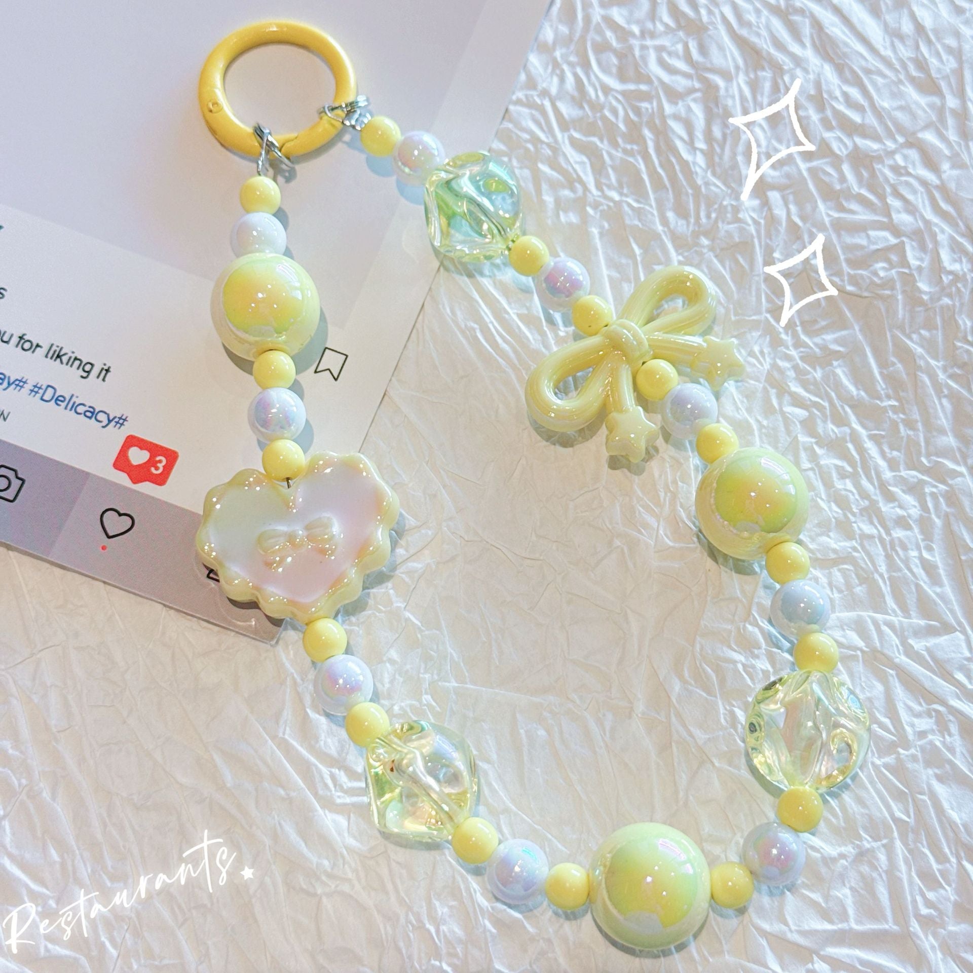 Kawaii Beaded Phone Strap Charm with Hanging Card – Cute Heart & Bow Beads Wrist Lanyard for Mobile, Keychain, AirPods