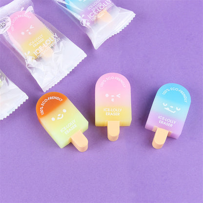Kawaii Ice Lolly Popsicle Eraser Set (Pack of 3) – Cute Gradient Eco-Friendly Pencil Erasers for Kids & Students