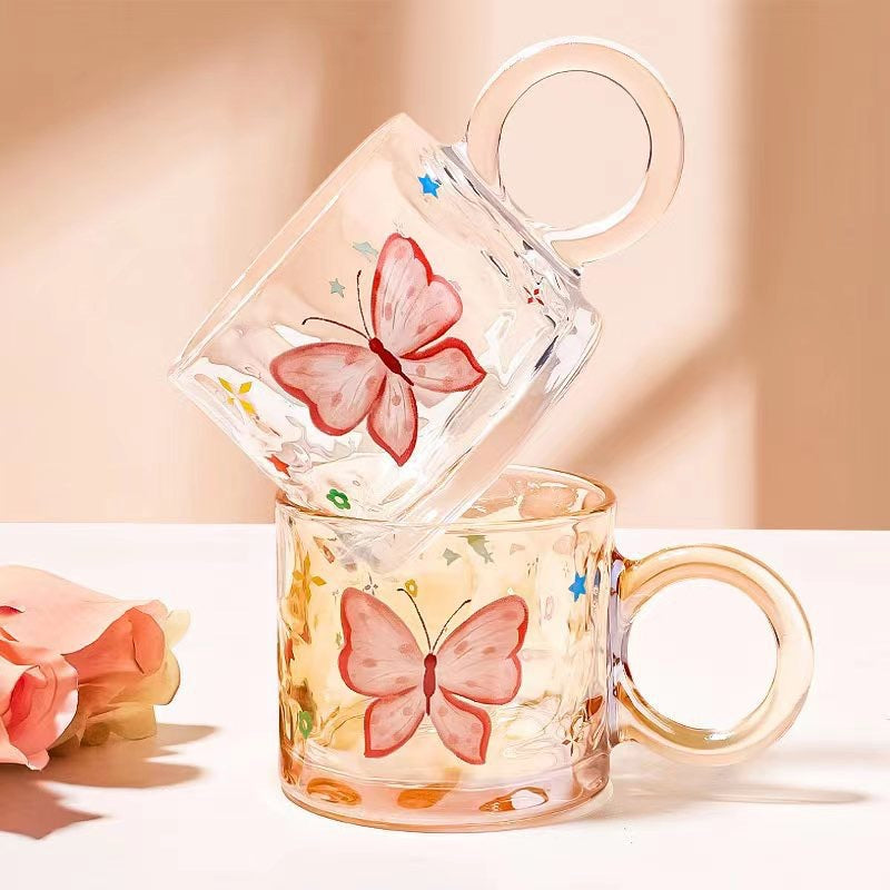 Kawaii Butterfly Glass Mug – Aesthetic Transparent Coffee Cup for Tea, Milk & Juice