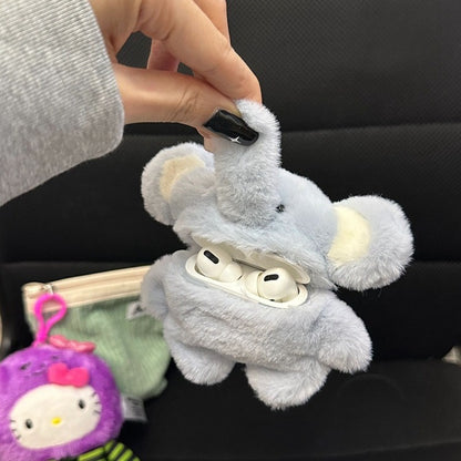 Cute Elephant Plush AirPods Case | Kawaii Furry Elephant AirPods Cover with Keychain | Soft Cartoon Protective Earbuds Case