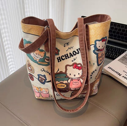 Hello Kitty Kawaii Canvas Tote Bag for Women – Cute Shoulder Handbag with Coffee Theme Print | Large Capacity Everyday Shopper Bag