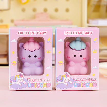 Kawaii Cartoon Eraser Cum Sharpener Set of 6 | Cute Panda, Dinosaur, Unicorn, Astronaut & Bunny Pencil Sharpener Erasers for Kids & Students