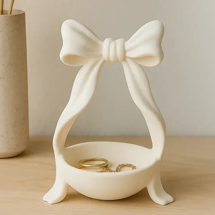 White Bow Jewellery Holder Stand – Aesthetic Bow-Shaped Ring, Earring & Necklace Organizer Tray for Dressing Table
