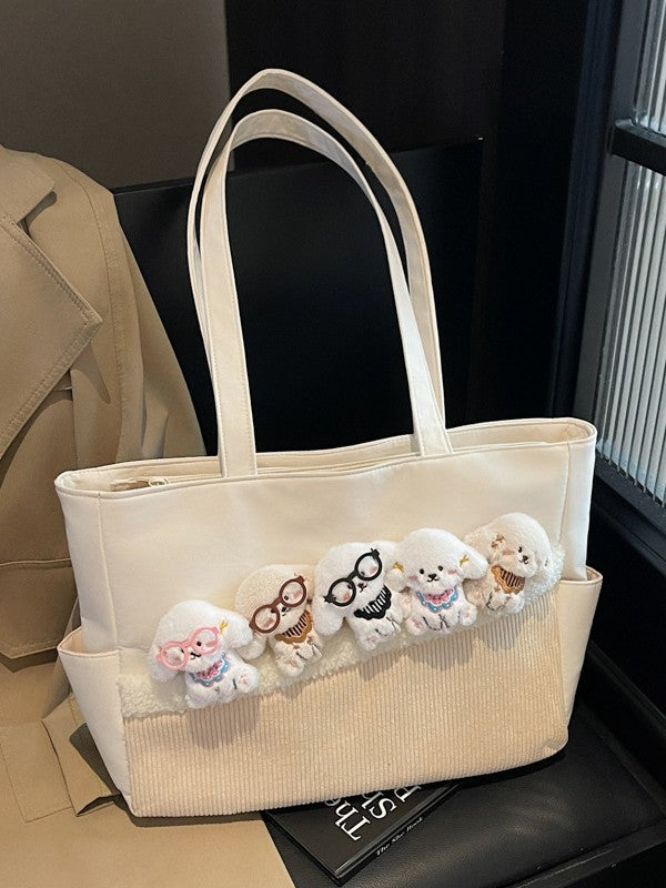 Kawaii Puppy Plush Tote Bag for Girls – Cute Korean Style Shoulder Handbag | Soft Aesthetic Cartoon Dog Shopper Bag