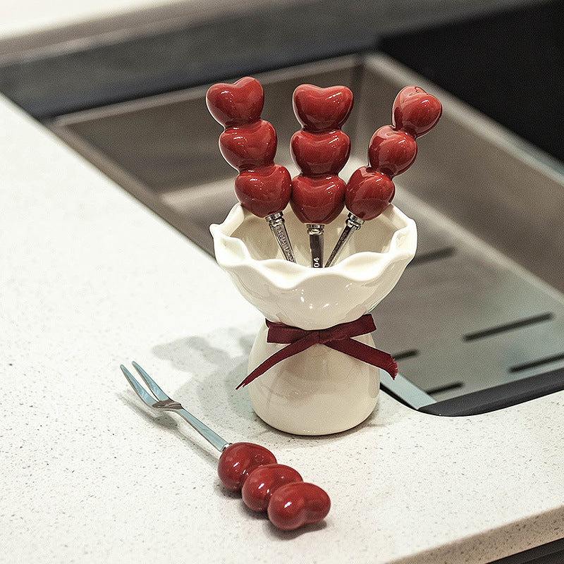 Heart Bubble Fruit Fork Set with Ceramic Bouquet Holder – Cute Dessert Forks Gift Set | Aesthetic Snack Picks for Cake, Fruits & Parties