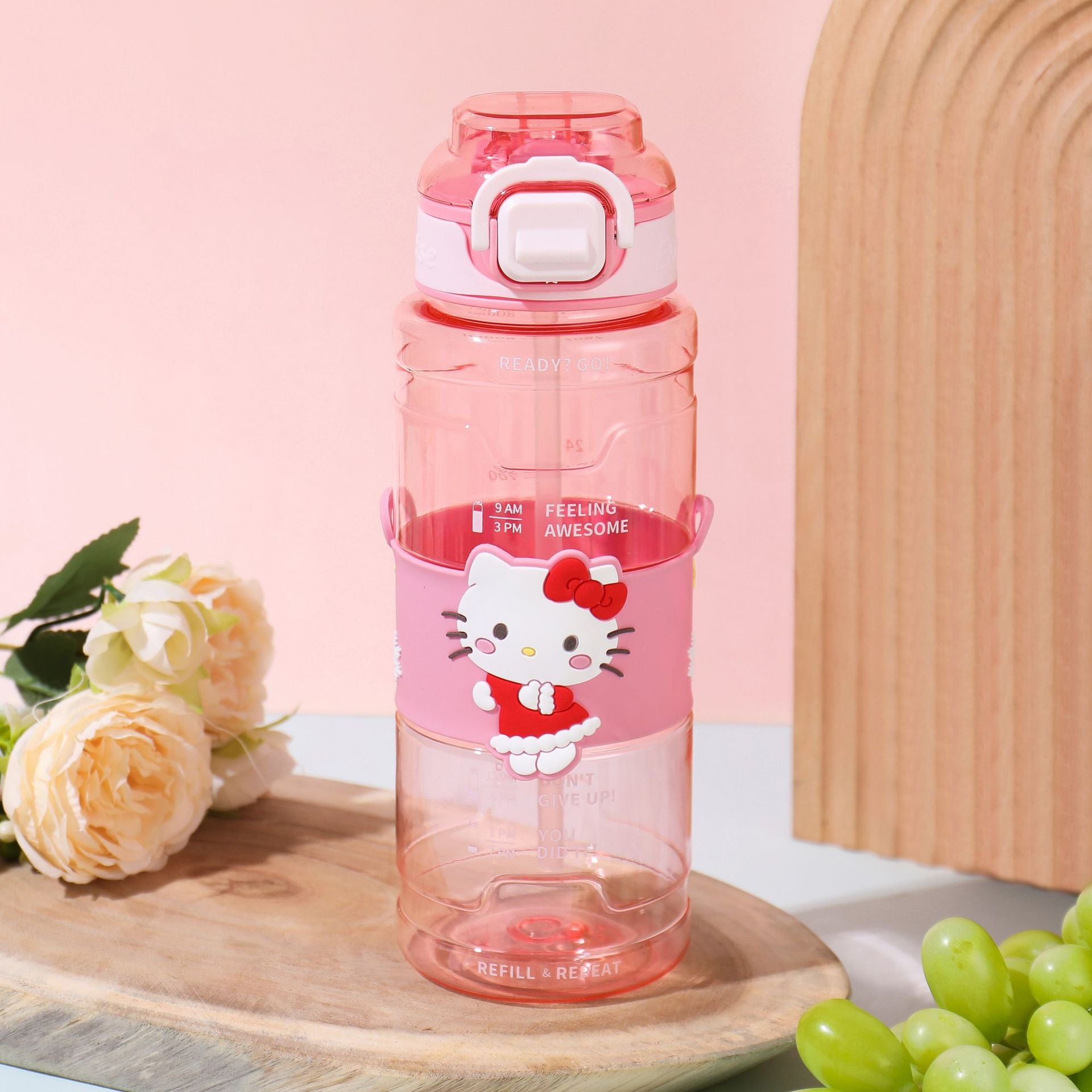 Kawaii Character Water Bottle With Belt Strap – 1 Litre Leakproof Tritan Straw Bottle (Hello Kitty / Cinnamoroll / Lotso / Kuromi)
