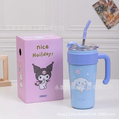 Sanrio Kawaii Straw Tumbler with Handle – Kuromi, My Melody, Cinnamoroll & Pochacco | 900ML Cute Water Bottle for School, Office & Travel