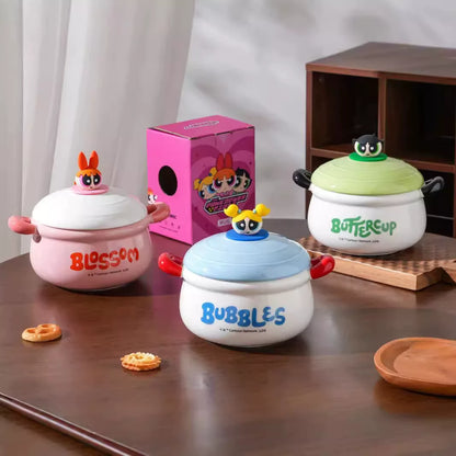 The Powerpuff Girls Ceramic Soup Mug with Lid & Handles (1 pc)| Cute Kawaii Cartoon Bowl – Blossom, Bubbles & Buttercup
