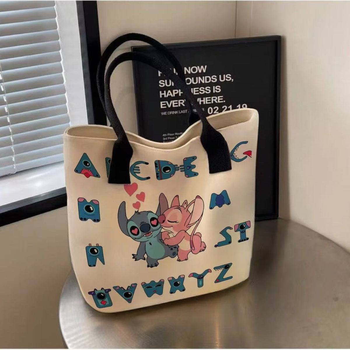 Kawaii Stitch & Angel Tote Bag – Cute Cartoon Canvas Handbag for Girls | Aesthetic Shoulder Bag for Daily Use