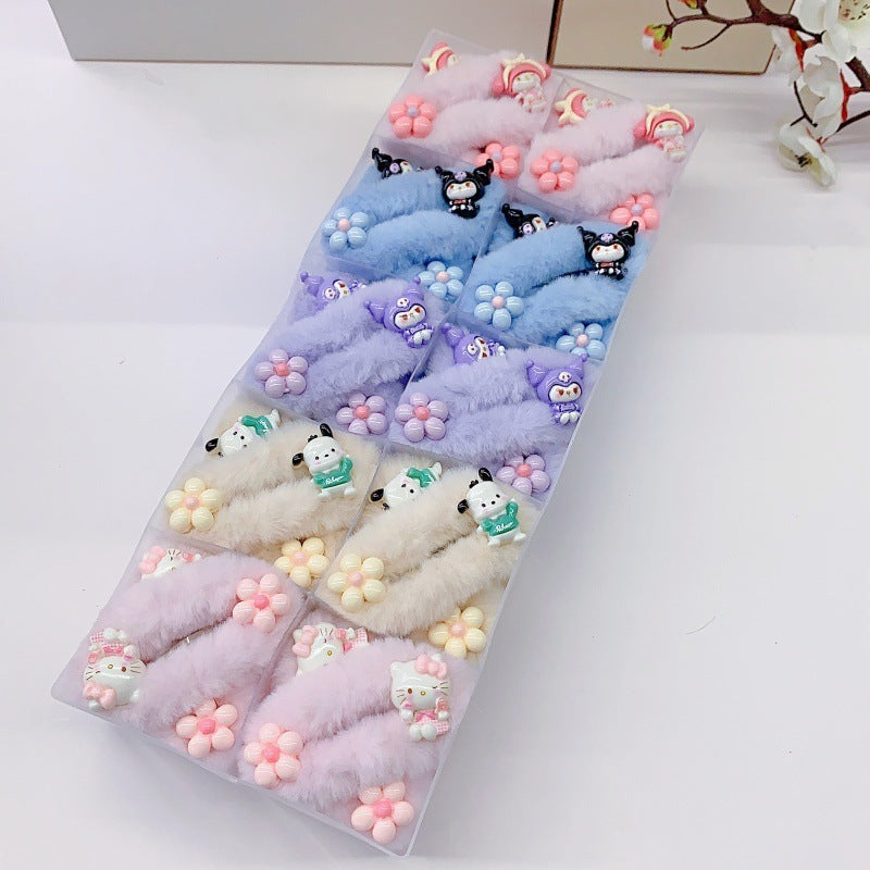 Kawaii Sanrio Plush Hair Clip (Set of 5 )– Cute Cartoon Character Fuzzy Hairpins for Girls & Kids