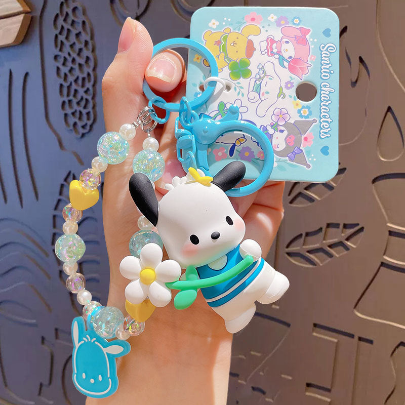 Sanrio official  Character Bag Charm with Flower & Glitter Beads Keychain