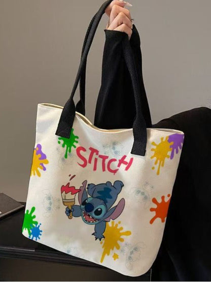 Kawaii Stitch Tote Bag for Women & Girls – Cute Cartoon Canvas Handbag with Paint Splash Design | Stylish Shoulder Bag for Daily Use, Shopping & College